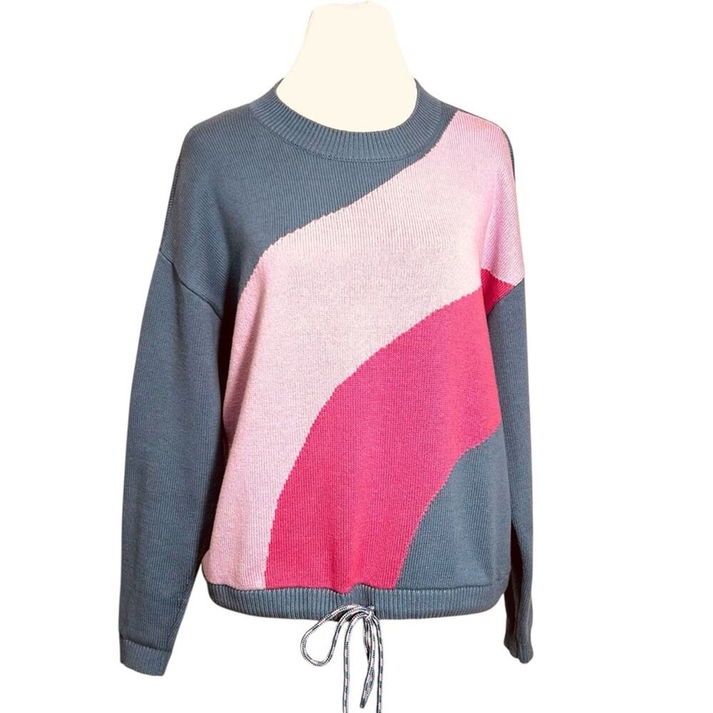 Lou & Grey Cotton Size SP Sweater Dusty Gray Blue & Pink Drawstring Hem Comfort